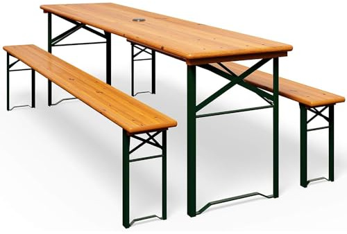 IlGruppone Set Birreria 200 x 70 Cm XL 8 Posti 3 Pezzi 2 Panche 1 Tavolo Pieghevole Panca Richiudibile Feste Giardino Festa Birra Da Feste Legno Abete