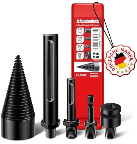 SCHWABENBACH ® Spaccalegna conico da 42 mm con 4 adattatori – Spaccalegna preciso e veloce per legno – Spaccalegna – Trapano legna da ardere – Compatibile con trapano, avvitatore a batteria