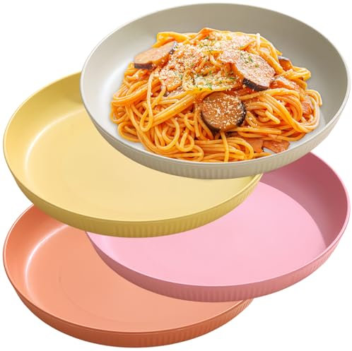 NOZVYCI 23CM Lot de 4 Assiette Plate Incassable Assiette à Dîner Allant au Micro-ondes et au Lave-vaisselle Assiette Enfants Familiale pour Dessert Pizza Salade (Couleur claire)