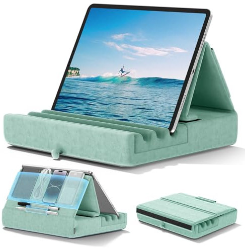 KDD Tablet Pillow Holder, Foldable iPad Stand for Lap, Bed and Desk -Tablet Soft Pad Dock with Pocket & Stylus Mount Compatible with iPad Pro 12.9, 10.5, 9.7 Air Mini 6 5 4 3, Kindle, E-Reader, Green
