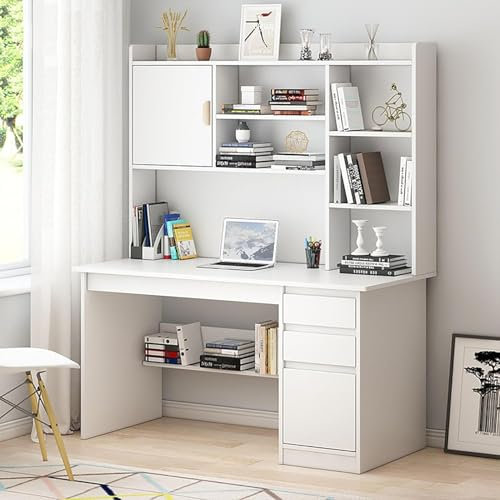 Moderner Home-Office-Schreibtisch aus Holz mit Ablagefläche, Schreibtischtisch, Arbeitstisch, Arbeitsplatz mit Schrank und Bücherregal, Computertisch, PC-Laptop-Schreibtisch mit Regalen, Wei