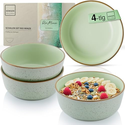Sänger Rio Minze | Steingut Schüssel Set 4 teilig, Müslischalen für 4 Personen, Schalen multifunktional, kratz- mikrowellen- spülmaschinenfest, Tiefe Teller mintgrün 600 ml | VALUE COLLECTION
