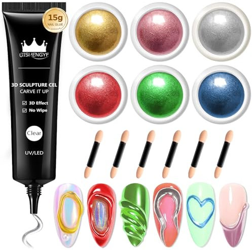 BISHENGYF No Wipe 3D Sculpting Nail Gel: Clear Rhinestone 3D Nail Gel and Gold Silver Pink Chrome Nail Powder,Red Green Painting Carved Gel Nail Polish Nail molding Gel Nail