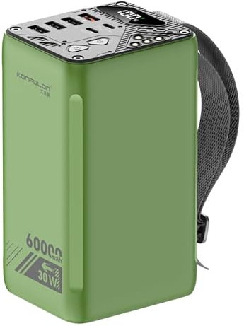 Konfulon 60000mAh Power Bank, PD 30W 22.5W Super Fast Charger, 6 Output Ports, Dual USB-C Input, Compatible with iPhone, iPad, Samsung, Outdoor Camping LED Light, Floodlight - Grey/Green (GREEN)