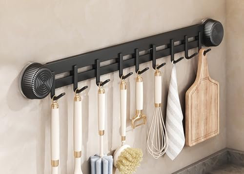 LNGFSH Kitchen Rail with Hooks Suction Cup, Carbon Steel Utensils Rack with Sliding Hooks Wall Mounted, Utensil Holder for Pans, Spoons, and Shovels, Self Adhesive (Black,with 9 Hooks 50cm)