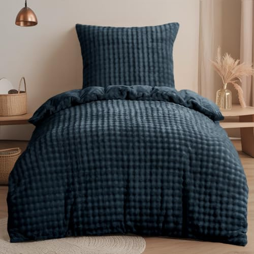 RUIKASI Winter Plüsch Bettwäsche 155x220 2teilig Blau - WarmeKuschelig Weich Flauschige Flanell Fleece Bettwäsche Luxus Wende Bettbezug mit Reißverschluss und 1 Kissenbezug 80x80cm