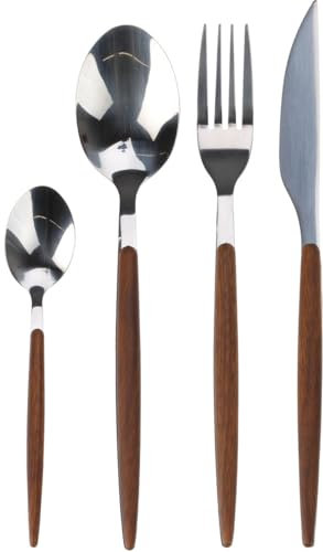 Cutlery Set of Spoon Fork Knife Stainless Steel Set 16 PCS with Wooden Handles Kitchen Dining Table by Envenzo