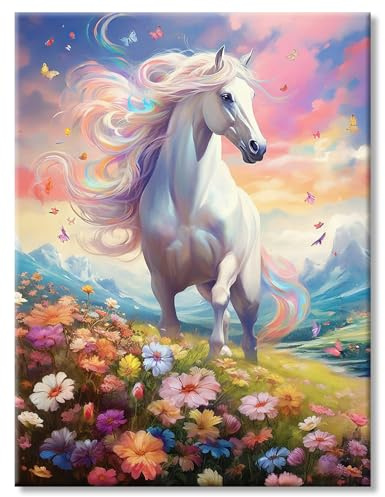 AG.AIIEU Malen nach Zahlen kinder und Erwachsene, DIY ab 7 8 9 Handgemalt Ölgemälde Pferde in der Blume - Paint by Numbers Adult Mit - 3 Pinseln und Acrylfarbe knitterfreie leinwand Kit - 40 x50 cm
