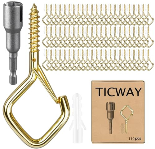 Ticway 110 PCS Q-Hanger Hooks for String Lights, Ceiling Hangers for Plants & Wind Chimes, Christmas Decorations Outdoor Hooks Gold