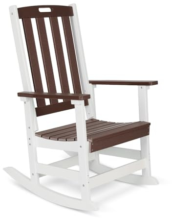COWVIE Outdoor Rocking Chair, Ergonomic HDPE Rockers with All-Weather Design for Patio or Porch, Brown and White