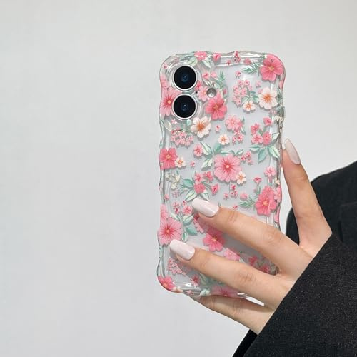 RALEAVO for iPhone 16 Flower Phone Case, Cute Wavy Floral Cover, Pink | For iPhone 16 Case for Girls Women Gift, Aesthetic Spring Curly Shockproof Protective Soft TPU Bumper Cover