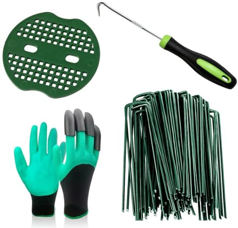 50pcs Green Artificial Turf Stakes Staples + 50pcs Buffer Washer with 1Pc Pick Hook，1Pairs Garden Gloves for Weed Barrier Fabric, Ground Cover, Holding Fence and Artificial Turf
