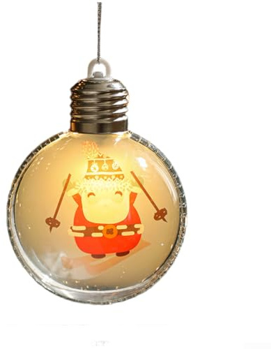 Christmas LED Hanging Ornament Clear Plastic Ball with Santa Claus or Reindeer Design, Battery Operated Light Up Decoration for Tree, Holiday Party, Seasonal Home Décor, 11cm(D)