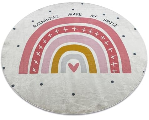 rugsx Bambino 47810 rund Kinderteppich mit Muster „Regenbogen, Punkte” - Waschbar, Anti-Rutsch, weiß/rosa Kreis 80 cm