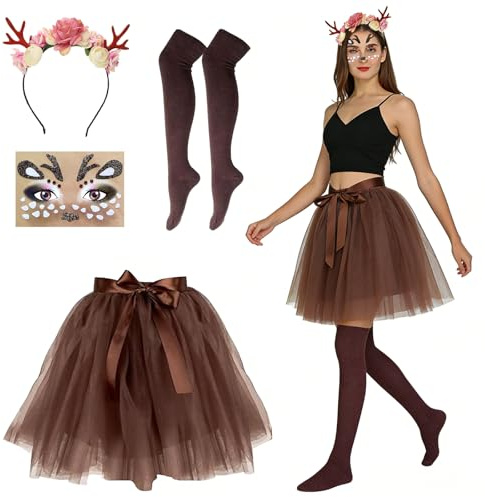 MINGJAY Rentier Kostüm,4 Stück Rentier Haarreif,Reh Kostüm Damen,Rentiers Kostüms Damen,Rentiers Tutu Rock,Damens Geweih Kostüms,Reh Kostüme Damens Tüllrock,für Weihnachten Cosplay Fasching Karneval