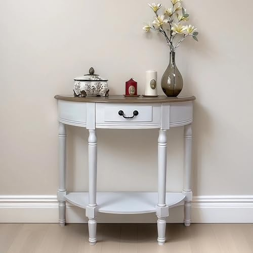 BAYTEWJX Forme Demi-Lune Table Console D'Entrée en Bois,Table de Couloir Semi-Circulaire,avec Tiroirs et Étagères,pour Couloir Foyer.(Wit)