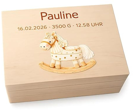 Erinnerungskiste Baby personalisiert mit Namen & Geburtsdaten – Holzbox zur Geburt & Taufe – Motiv Schaukelpferd – Große Holzkiste mit Deckel-Stopp 30x20x14 cm