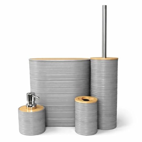 4-Piece Bathroom Accessory Set with Rubbish Bin, Soap Dispenser, Toilet Brush and Toothbrush Holder (GREY set)