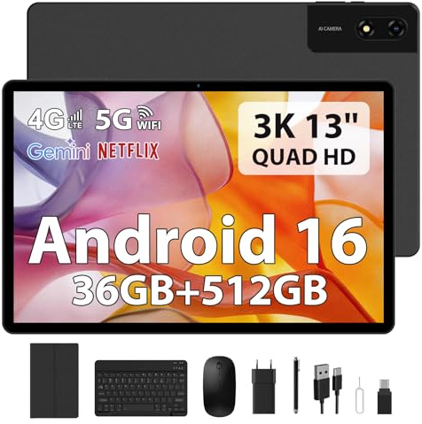 FLYCOAY Android 16 Tablet 13 Pulgadas Gemini AI Octa-Core 2.2GHz/36GB RAM+512GB ROM(TF 2TB) FHD 2944 * 1840, 11580mAh/4G LTE+5G WiFi/Widevine L1/BT5.0/GPS/Tablets con Teclado y Lápiz, Negro