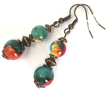 Boucles d'oreilles pendantes style vintage en perles de jade blanc naturel teinté bleu, marron et orange