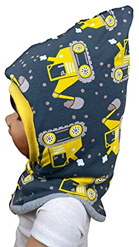 Schlupfmütze Bagger grau gelb Mütze und loop, Jersey Fleece Gr 40-56 kindermütze, halssocke, mütze baby junge schalmütze