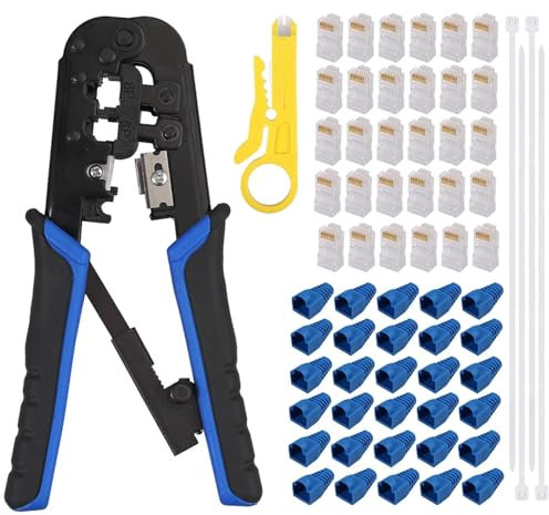 EYPINS Kit de Pince à Sertir RJ45 avec 30 Connecteurs Cristal Cat5 + Dénudeur Outil de Sertissage Ethernet pour 8P/RJ45 et 6P/RJ12/RJ11 Idéal pour Débutants et Professionnels