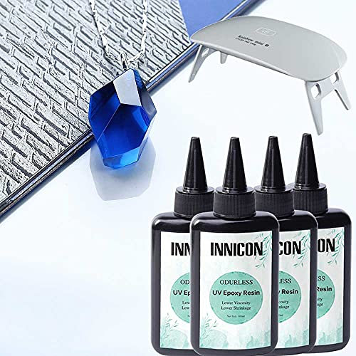 100mlx4 geruchloses UV-Epoxidharz-Set mit tragbarer UV-6-W-Mini-Lampe, transparent, kein Vergilben, kein Vermischen von UV-Harz, Epoxidharz, zum Basteln von Anhängern, Ohrringen, Halsketten,