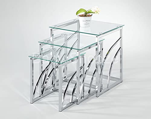 Baby Snooze Glass Mira Nesting Tables Set of 3 - Modern Stackable Rectangular Glass Coffee Table, Side Table, End Table with Chrome Frame for Living Room (Clear)