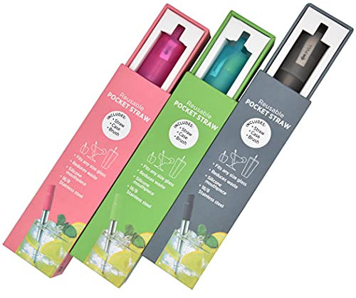 Hoshen Wiederverwendbarer Teleskop-Strohhalm aus Edelstahl, tragbarer Strohhalm, mit Silikondüse und Reinigungsbürste (Originalverpackung), rot-grün-grau, 3 Stück