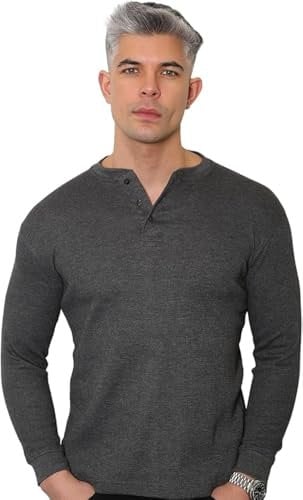 Long Sleeve Henley T Shirt Mens - Grandad Shirt Mens Tops Casual Waffle Knit Button Shirt 2208 (UK, Alpha, M, Regular, Regular, Charcoal Grey)