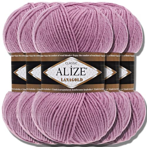 Alize 5 x 100g Lanagold Classic Türkische Premium Wolle Baumwolle und Acryl Uni Handstrickgarne | Yarn | Garn | Strickgarn Einfarbig Baby zum Häkeln Stricken Kleidung Schals (Rose | 28)