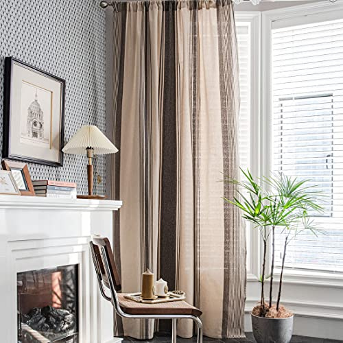 vctops Gestreifte Fenstervorhänge aus Baumwollleinen, Bauernhaus-Stil, Landhausstil, Verdunkelungsvorhang, Vorhang für Schlafzimmer, Wohnzimmer, 1 Stück (Kaffee, 150 x 200 cm)