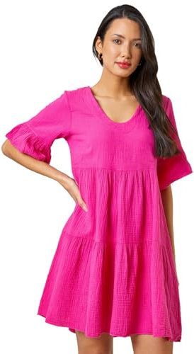 Roman Originals Smock Dress for Women UK Ladies Cotton Summer Embroidered Frilled Tiered Casual Beach Cruise Holiday Cocktail Party 3/4 Sleeve Pull On Gathered Skirt - Fuchsia - Size 16