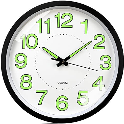 HOSTON Luminous Wall Clock, 12 Inch Silent Non-ticking Quartz Night Light Wall Clock Round Battery Powered Large Display for Home Bedroom Kitchen Living Room Office School Garage (Black)