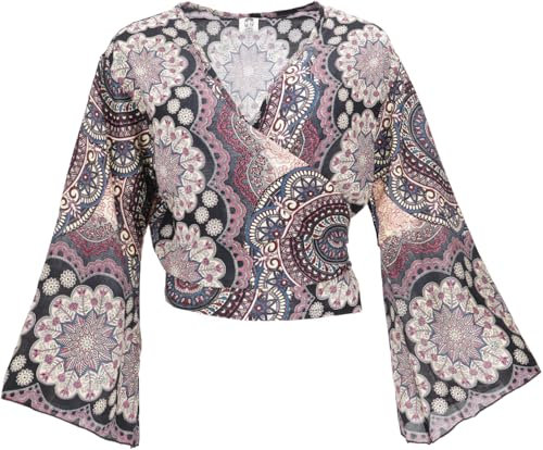 GURU SHOP Kurztop, Boho Blusentop, Wickeltop, Wickelbluse - Scxhwarz/Flieder, Damen, Synthetisch
