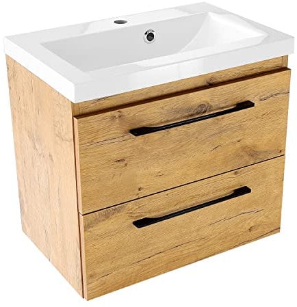 Waschbecken mit Unterschrank 60 cm Breit Girona, Waschbeckenunterschrank Hängend mit Schubladen, Waschtischunterschrank, Waschbeckenunterschrank Holz (Lancelot-Eiche) - Mineralguss Waschtisch