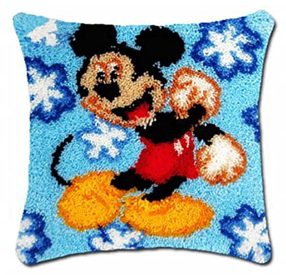 ROCKY&CHAO Knüpfteppich Zum Selber Knüpf-Sets mit Kissen knüpfen-Set 43x43cm Kissenbezug-Set für Erwachsene und Kinder Latch Hook Kit Heimaccessoire(Micky)