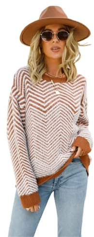 HEYPORK Damen Herbst Winter Warm Bequem Pullover Casual Mode Strickjacke Strickpullover Frauen Rundhals Pullover Strickpulli Pullover Langarm Pullover(Braun, L)