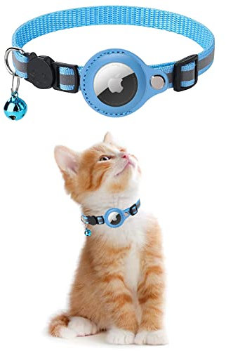 KOLACEN Reflektierendes AirTag Katzenhalsband, Airtag mit Airtag Hülle und Glocke, Einstellbares Airtag Katzenhalsband mit abbrechbarer Sicherheitsschnalle für Welpen Katzen Kätzchen (Blau)