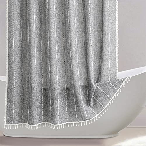 RoomTalks Ensemble de rideaux de douche de style bohème gris anthracite – Coton et lin résistant de qualité supérieure – Rideau de douche vintage de style rustique bohème – Imperméable et lavable