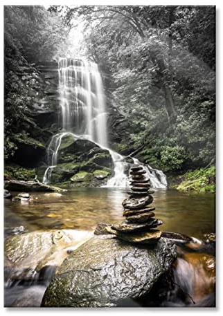 Pixxprint Glasbild, Wandbild aus Echtglas, Zen Steine vor Wasserfall, 60x80 cm, inkl. Aufhängung und Abstandshalter