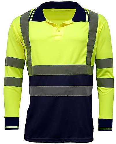 DURUS WORKWEAR High Visibility Long Sleeve Reflective T-Shirt Plain & Two-Tone Polo Work Top Yellow/Navy