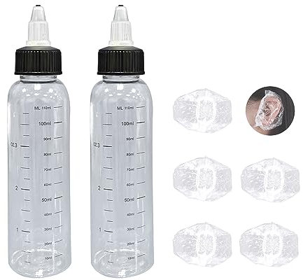2pcs flacons d'huile capillaire avec 5 cache-oreilles doubles, flacon applicateur d'huile capillaire de 120 ml, flacon pointu, flacon gradué, flacon souple transparent avec couvercle, réutilisable