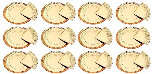 Acan Tradineur - Pack de 12 Bandejas con blonda Circular - Especial para Fiestas o Celebraciones - Material reciclable - Ø 35 cm - Color Oro