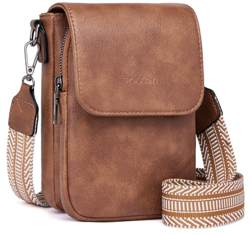 POIUGOYA Small Crossbody Bags for Women Trendy, Leather Triple Compartment Cell Phone Shoulder Purses with Adjustable Strap, A-brown