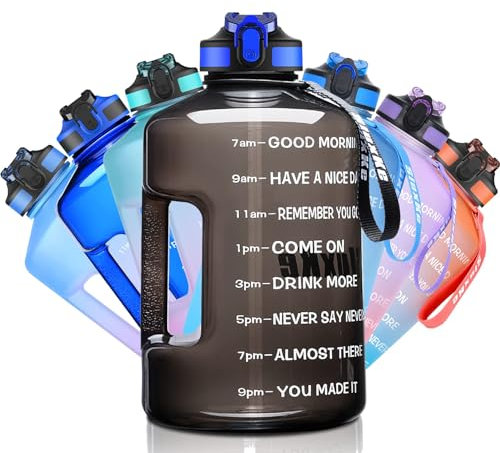 SLUXKE Botella de agua motivacional de 1,5 L con marcador de tiempo, sin BPA, botella de 1,5 litros con asa, a prueba de fugas, jarra de agua reutilizable