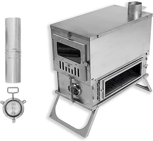 HACSYP Lightweight camping stove, Tent Stove Backpacking with Chimney Pipes, Folding Wood Burning Stove with Large Side Glass, for Outdoor (Color : Single Glass, Size : 3M chimney pipe)