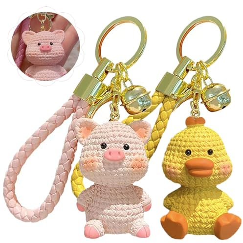 Porte-Clés Animaux Kawaii 2 Pièces Porte-Clés Kawaii Enfant Avec Corde en Cuir PU Pour Pendentifs de Sac à Dos, Pendentifs de Voiture, Cadeaux, Etc. (Petit Canard, Petit Cochon)