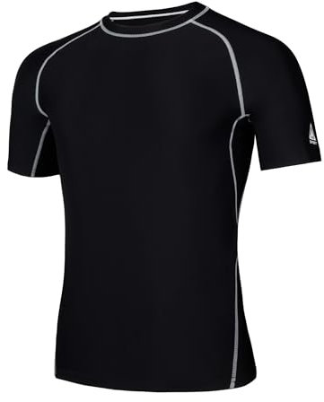 AMZSPORT Herren Rash Guard Shirt, UPF 50+ UV Schutz Kurzarm T-Shirt, Schnelltrocknendes Sonnenschutz Vest für Schwimmen, Surf, Angeln, Laufen, Schwarz, S