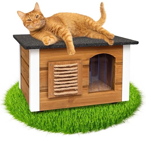 Outentin Katzenhaus Outdoor Winterfest - Katzenhäuschen für Draußen - Isolierte Schutzhütte - Wasserdicht und Wetterfest - Katzenhütte für Draußen - 61 X 39 X 36 cm (Eiche)